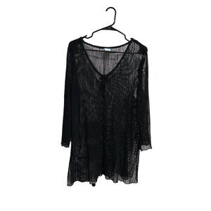 Dotti Black Sheer Mesh Beach Cover-Up Tunic Top V-Neck 3/4 Sleeve Womens Size L